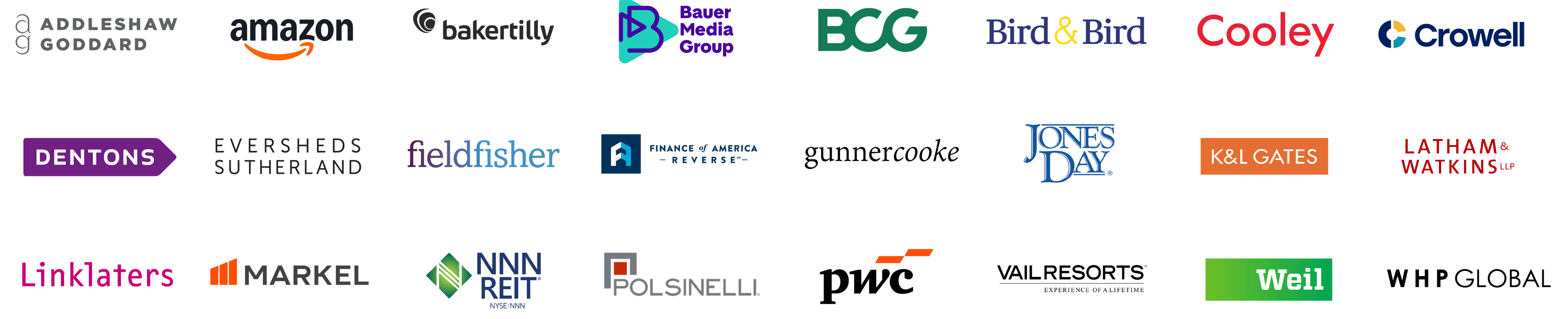 Trusted by organisations including Amazon, Baker Tilly, BCG, Bird & Bird, Cooley, Dentons, Eversheds Sutherland, Fieldfisher, Jones Day, Linklaters, PwC, Weil and more